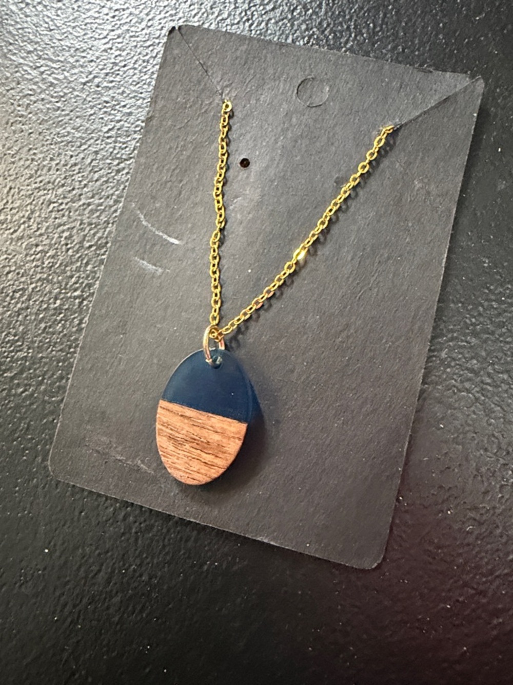 Gold Chain Necklace with Navy Resin and Wood Teardrop Pendant